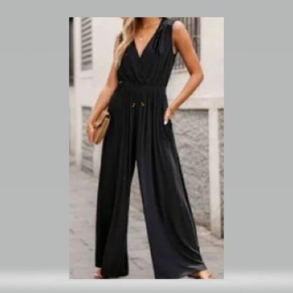 Black Sleeveless V-Neck Drawstring Jumpsuit - Picture 1 of 6